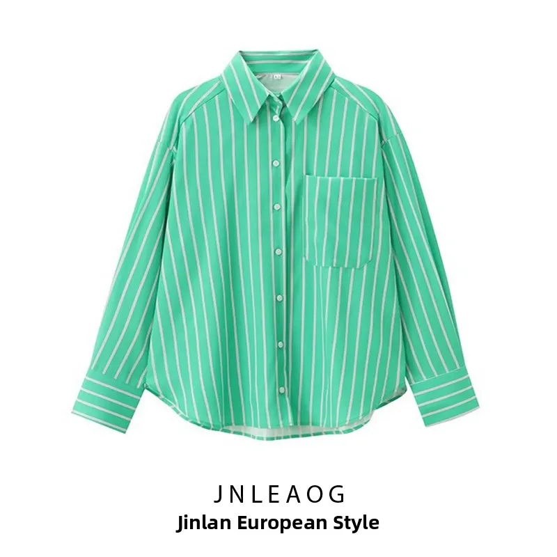 

JNLEAOG Women's Loose Striped Silk irt Faionable Versatile Autumn New Sle Long Sve Polyester Fiber Girls' irt