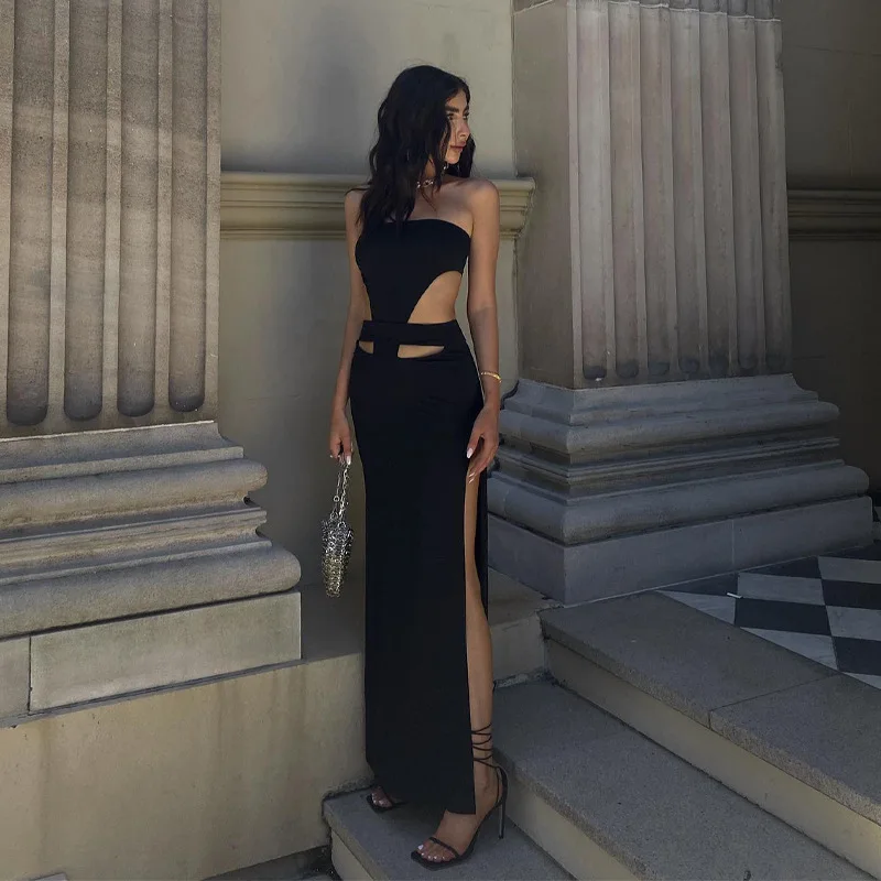 DSMTRC elegancka bandażowa bez ramiączek wąska czarna sukienka Maxi dla kobiet letnia odzież klubowa szaty seksowne sukienki bez rękawów z wycięciem