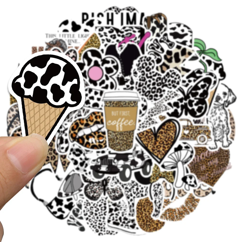 50pcs Cow Leopard Print Stickers Pack Ipad Laptop Phone Stationery Guitar Sticker DIY Journal Accessories Scrapbooking Supplies