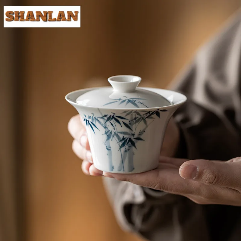 110ml Hand-painted Blue Bamboo Gaiwan Ancient Plant Gray Tea Tureen Tea Bowl With Lid Kit Tea Brewing Cover Bowl Teaset Gift