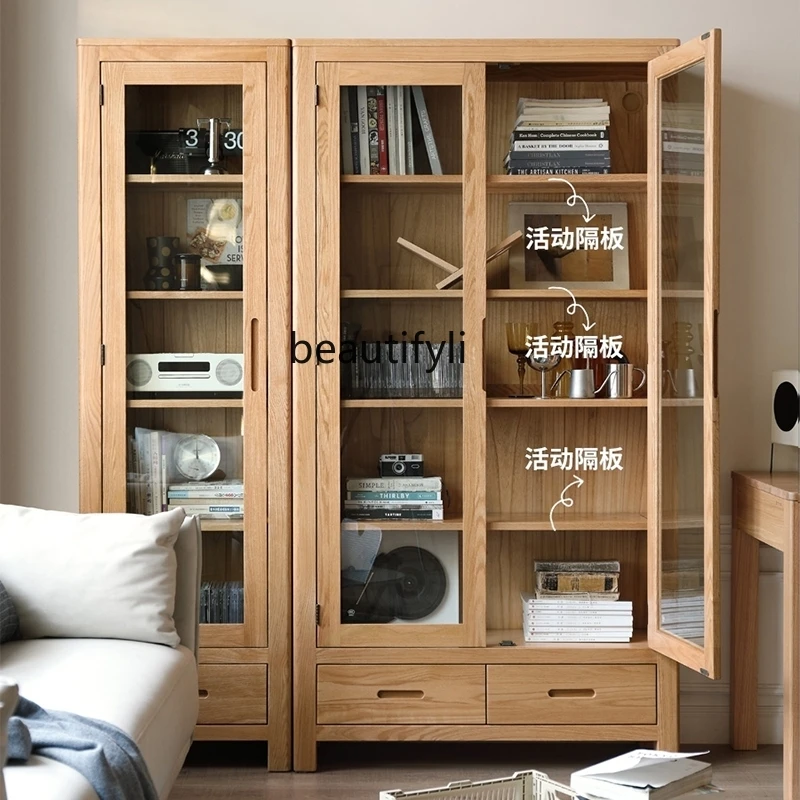 Bibliothèque en Bois Massif de Style Nordique Simple en Chêne, avec Étagère en Verre, Vitrine