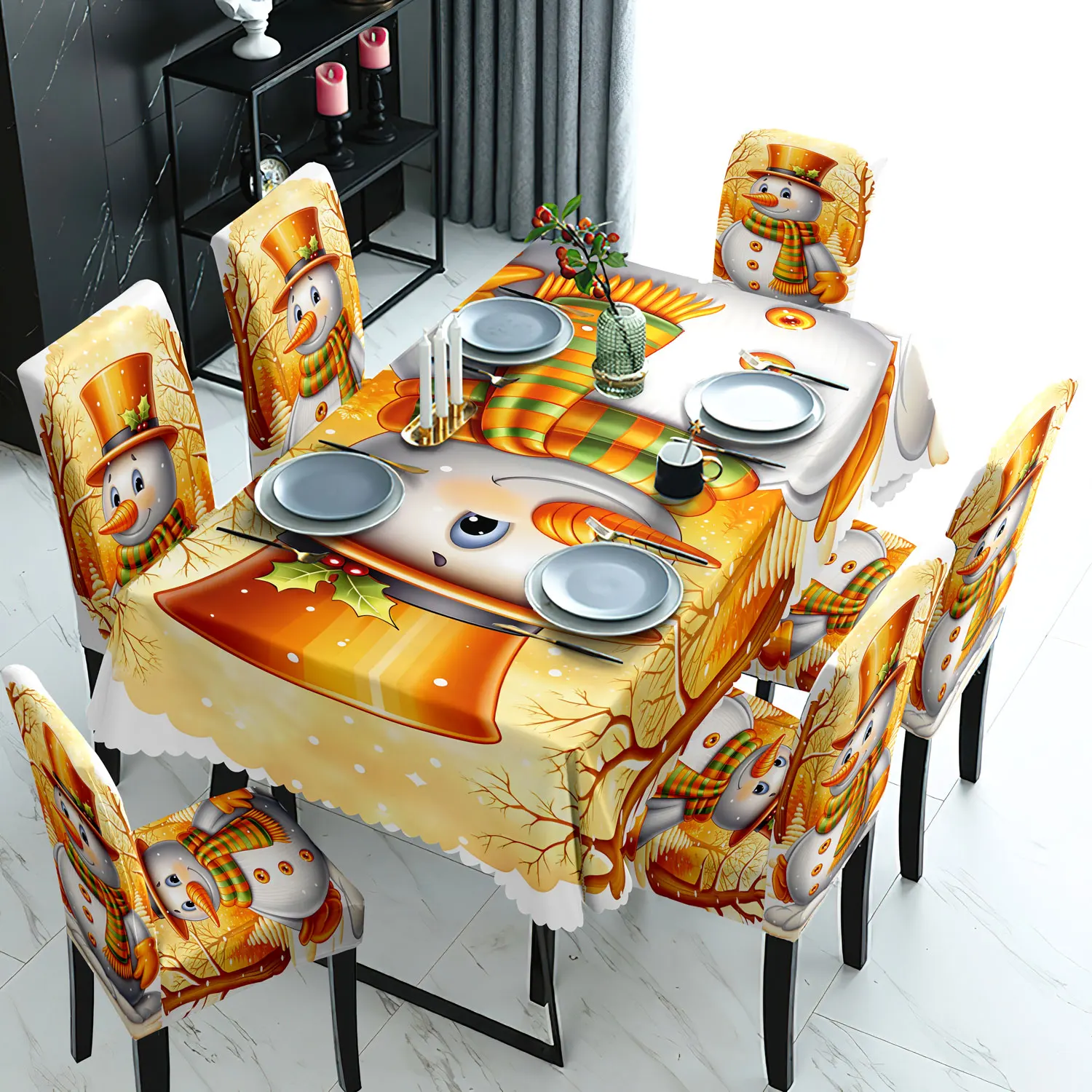 

5/7pcs Christmas table and chair set with Christmas snowman print stretch chair covers and lace tablecloth. Machine washable.