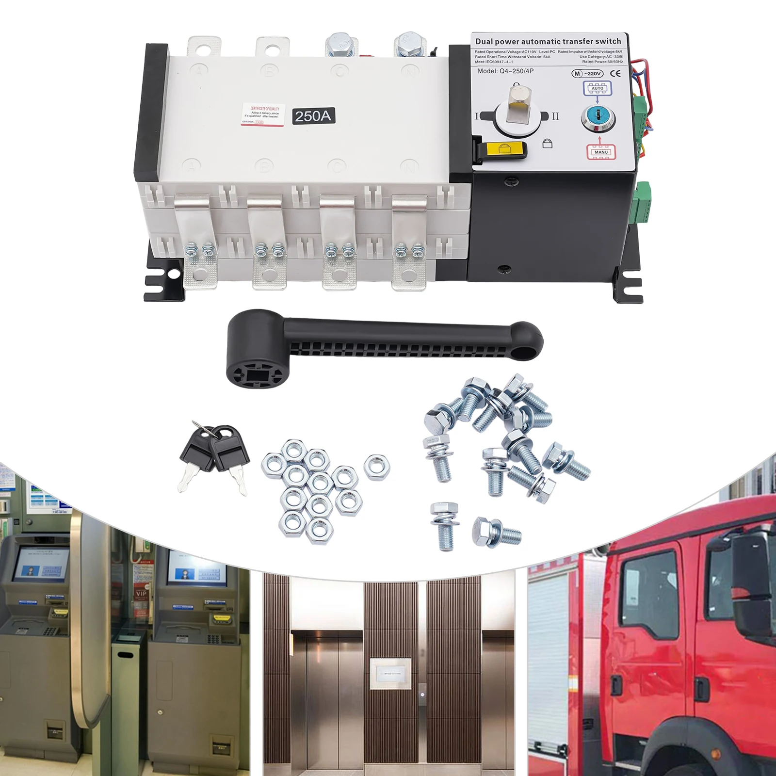 Automatic Transfer Switch 250A, 4P Dual Power Transfer Switch with Manual/Auto Mode, 110V Flame Retardant Resin ATS for Hospital Factory High-Rise Building