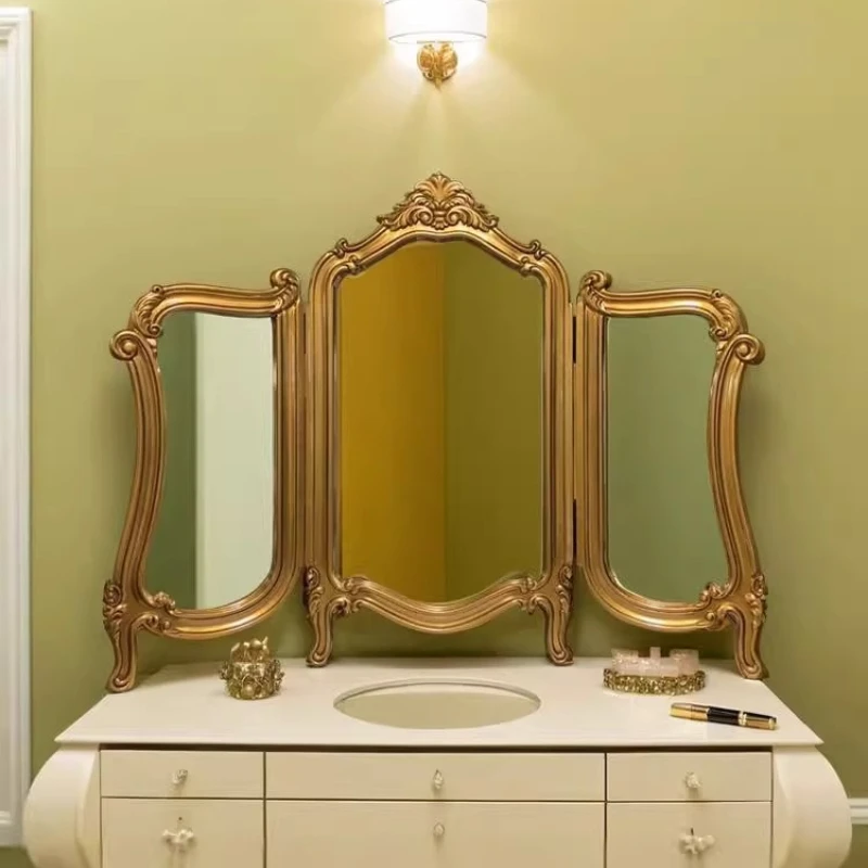 French retro bathroom makeup mirror desktop vanity mirror European carved three-sided tri-fold folding