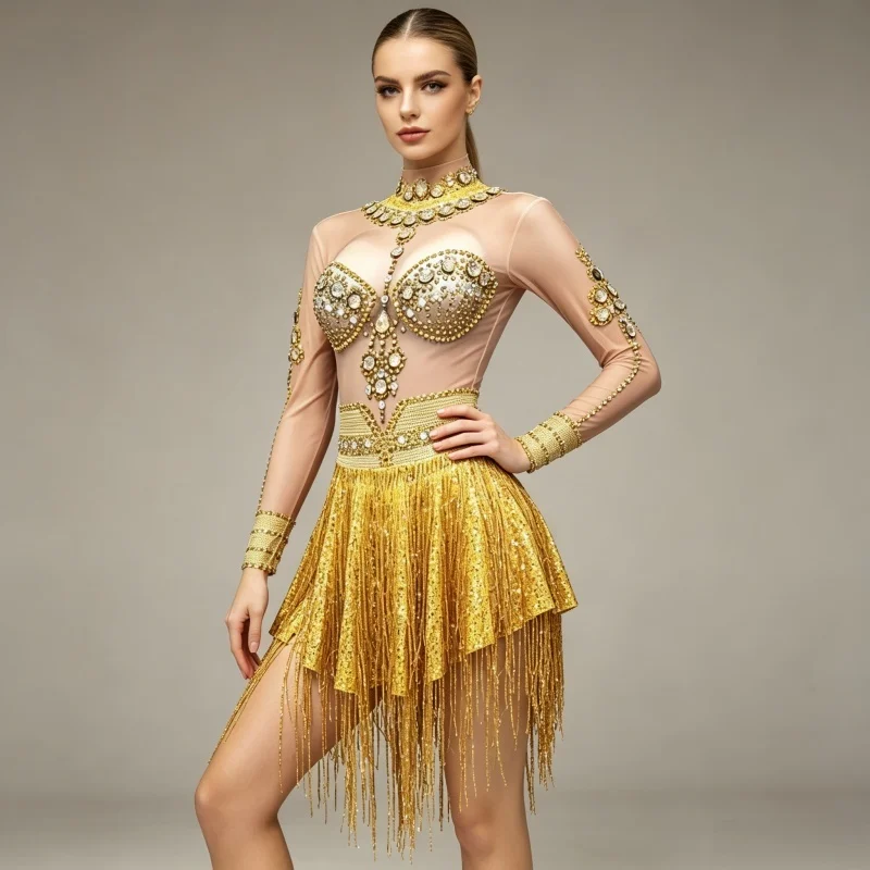 Gold Rhinestones Fringe Tassel Mini Dress Sexy Club Party Nightclub Gogo Dance Costume Stage Wear for Drag Queen Performance