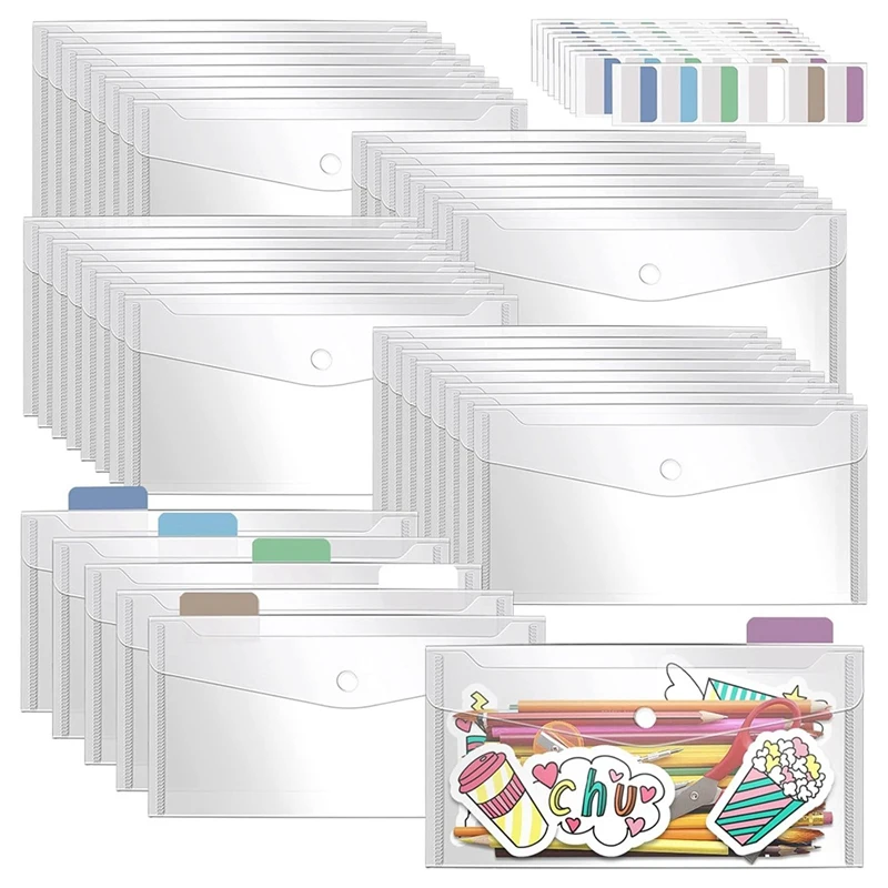 40 Pack 5 X 10 Inch Clear Plastic Envelopes With Snap Closure, Reusable Plastic Pencil Pouch Money Envelopes