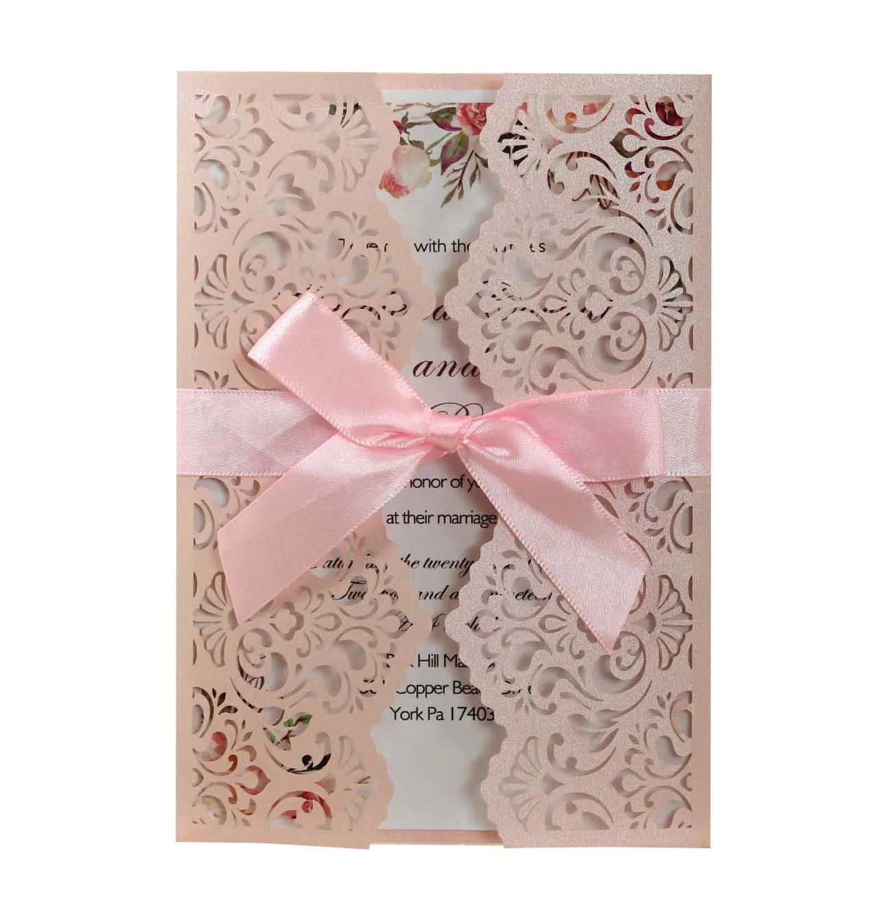 

Light Pink Tri-Folding Laser Cut Hollow Pearl Paper Invitations Cover For Wedding Birthday Party Invited Cards, 50Pcs