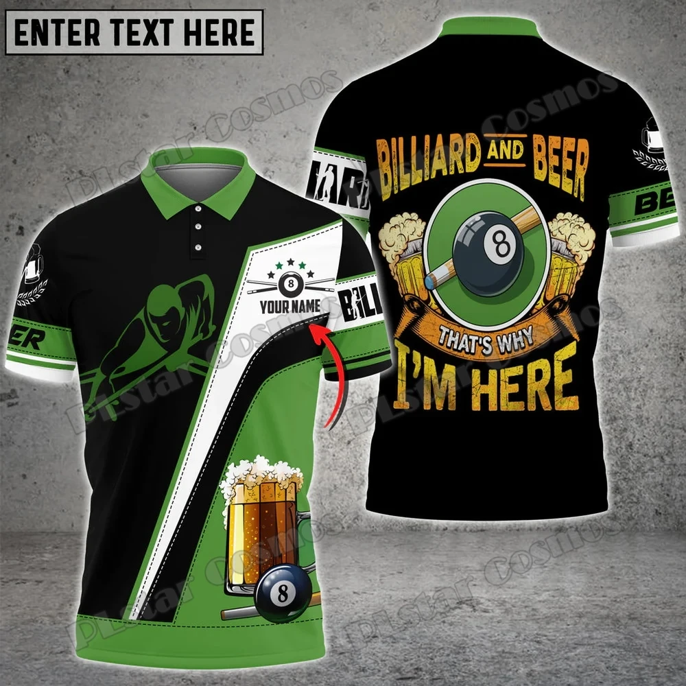 Billiard And Beer Lover Personalized Name 3D Printed Men's Polo Shirt Summer Unisex Casual Shirt Gift For Billiard Players POL86