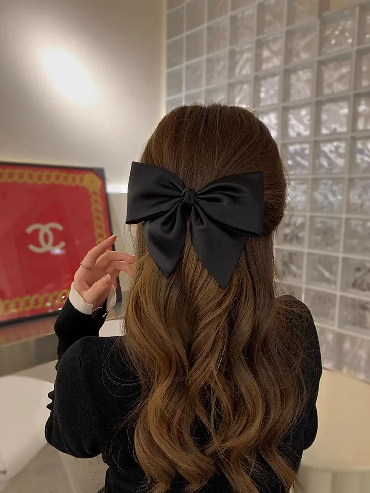 Women Bow Ribbon Hair Clip Fashion Simple Solid Satin Spring Clip Hair Pin Elegant Retro Headband Clips Girls Hair Accessories