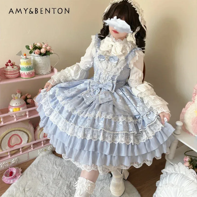25COSLolita نمط JSK الحمالات فستان المرأة مزاجه الحلو الصناعة الثقيلة متعدد الطبقات توتو فستان مضيئة كم قميص فستان Se