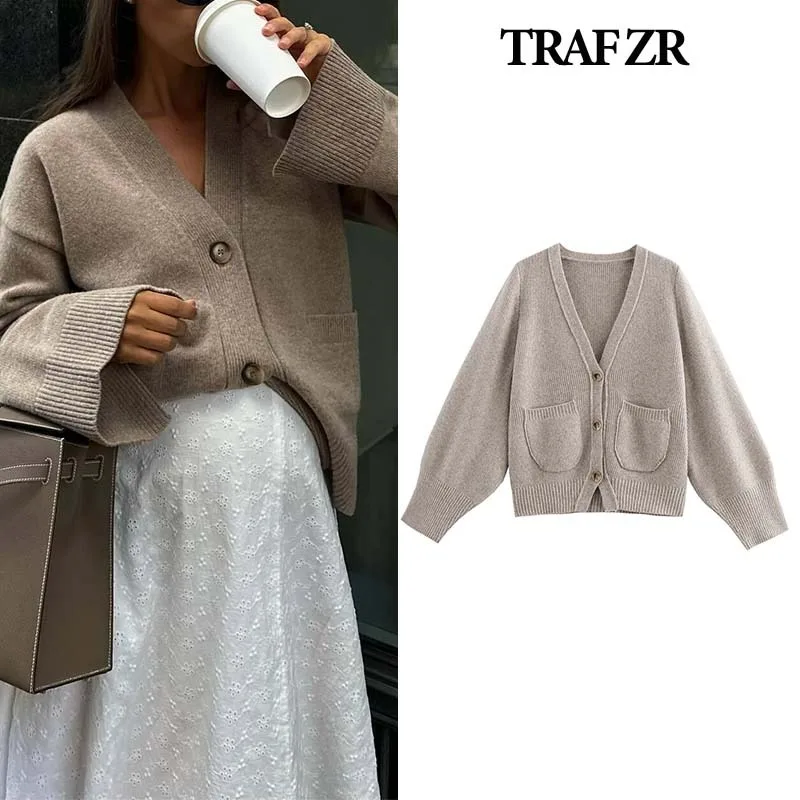 TRAF ZR Knit Cardigan Ladies Long Sleeve Women\'s Autumn Sweater Loose Fit Cropped Cardigan Knitwear Solid V-neck Cozy Sweaters