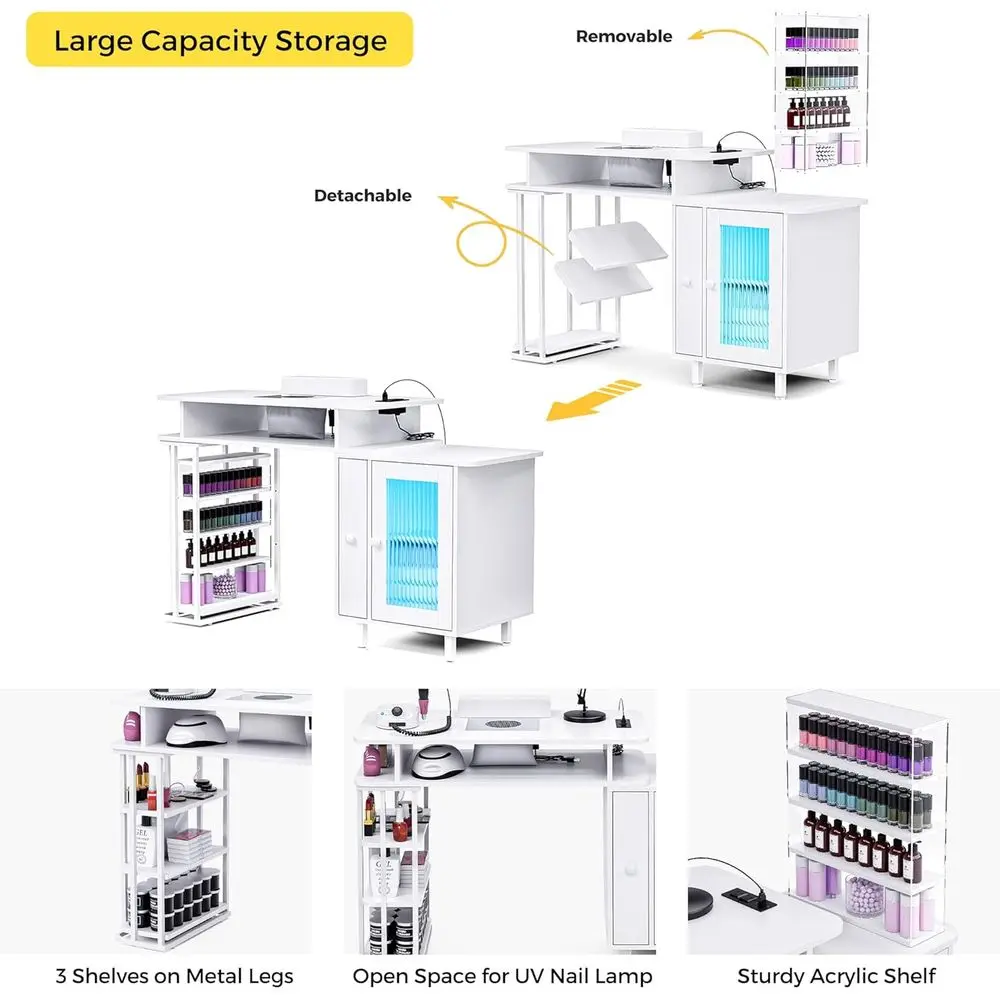 Escritorio para técnico de uñas iluminado por LED con recogida de polvo, estación de carga y soluciones de almacenamiento