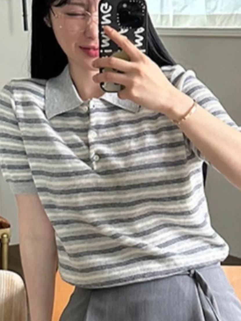 

Ретро полосатый ор Све вязаный irt женский летний новый воротник уникальный дизайн Ele Faionable Top женский трикотаж