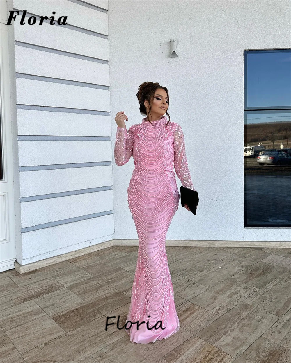 Haute Coutures Pink Pearls Party Dresses For Women 2024 Dubai Beads Mermaid Long Sleeves Evening Gowns Birthday Engagement Dress