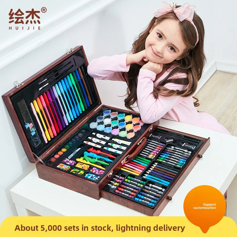 123 Piece Wooden Box Art Set for Kids, Children Drawing Kit with Crayons, Watercolor Pens, Oil Pastels, Colored Pencils and