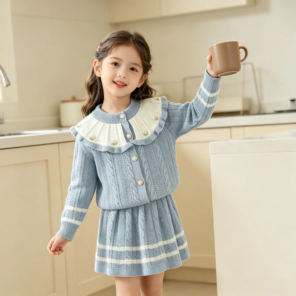 Bear Leader Autumn and Winter New Sweet Princess Girls' Clothing Fashion Collar Knitted Long Sleeve Sweater Top + Short Skirt