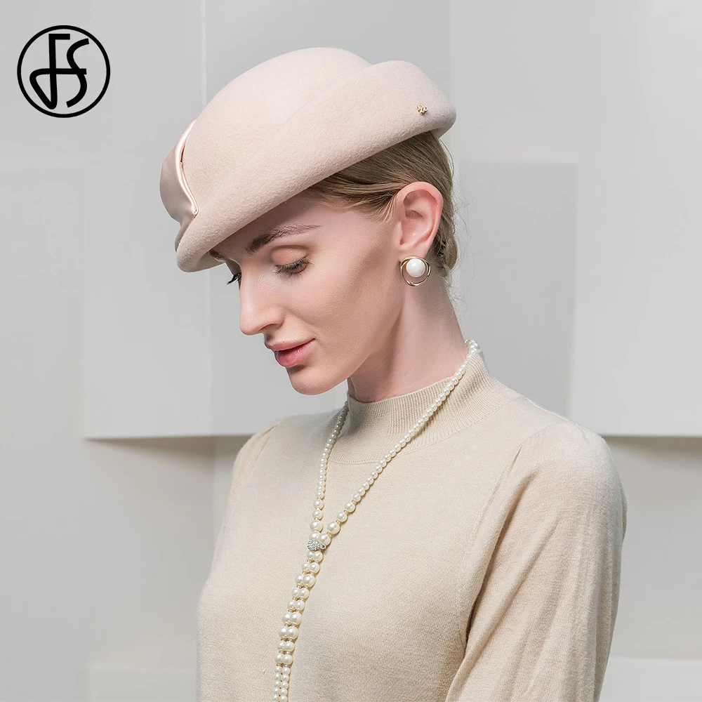 FS 2024 Winter Elegant Beret Fascinator Camel Little Top Hats For Women 100% Wool Felt Fedora British Fashion Black Millinery