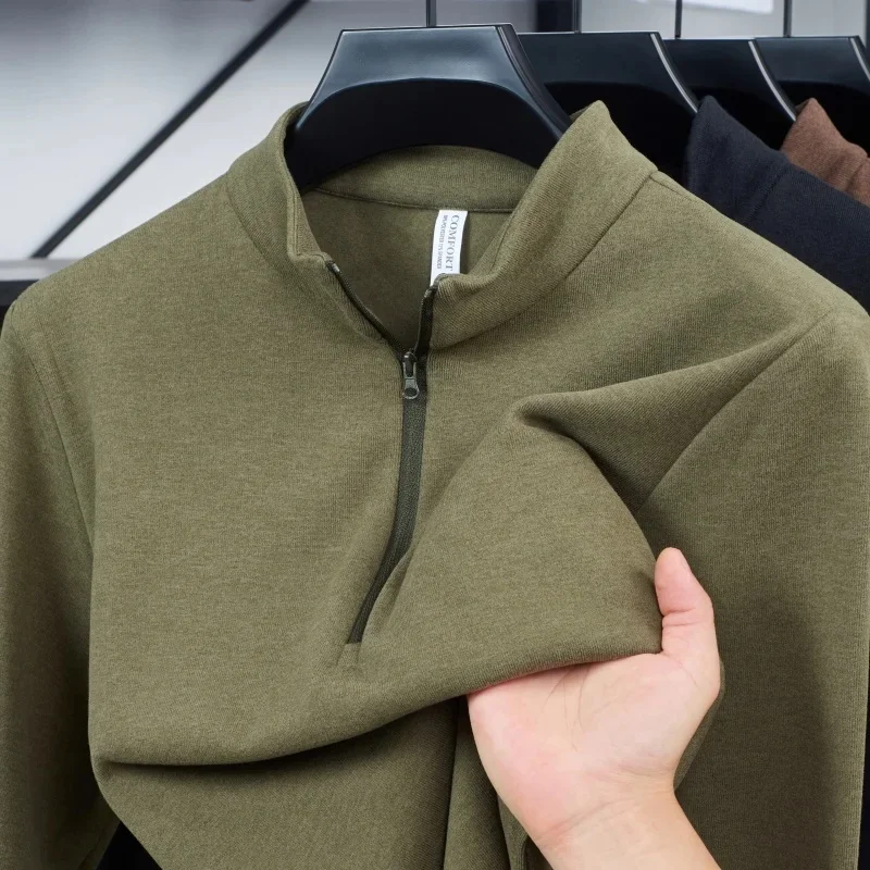 New Autumn and winter High quality Men's long sleeved T-shirt double-sided velvet comfortable and warm half zipper casual top