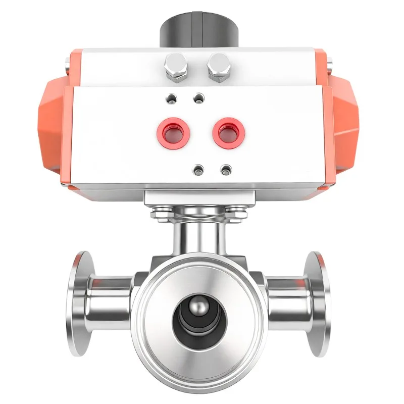 304 Stainless Steel Pneumatic 3 Way Ball Valve, Sanitary Tri Clamp Quick Install Ball Valve for Fluid Pipeline on Off Control
