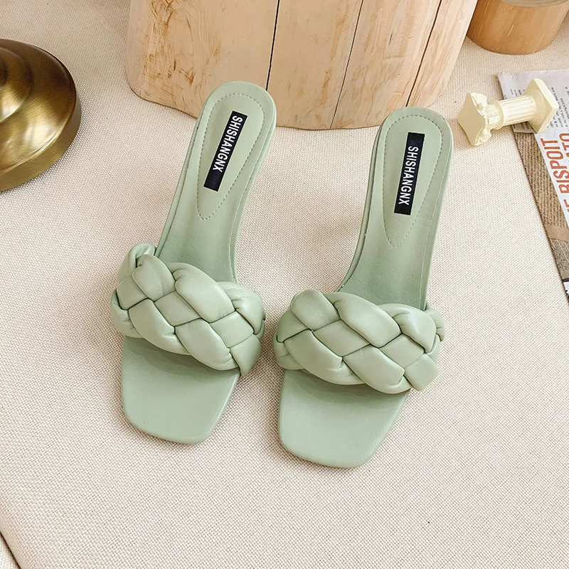 Slippers Women Summer Rubber Flip Flops Shoes Slides Low Heeled Mules Square Toe Pantofle Shallow Fashion Hawaiian High 2024