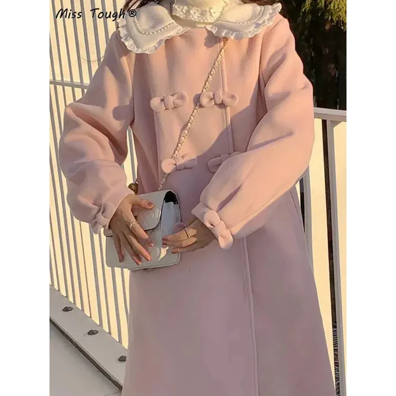 Pink Kawaii Warm Wool Coat Winter Women Bow Sweet Long Outwear Jackets Female Korean Fashion Designer Thick Overcoat 2024 N NM33 view 3
