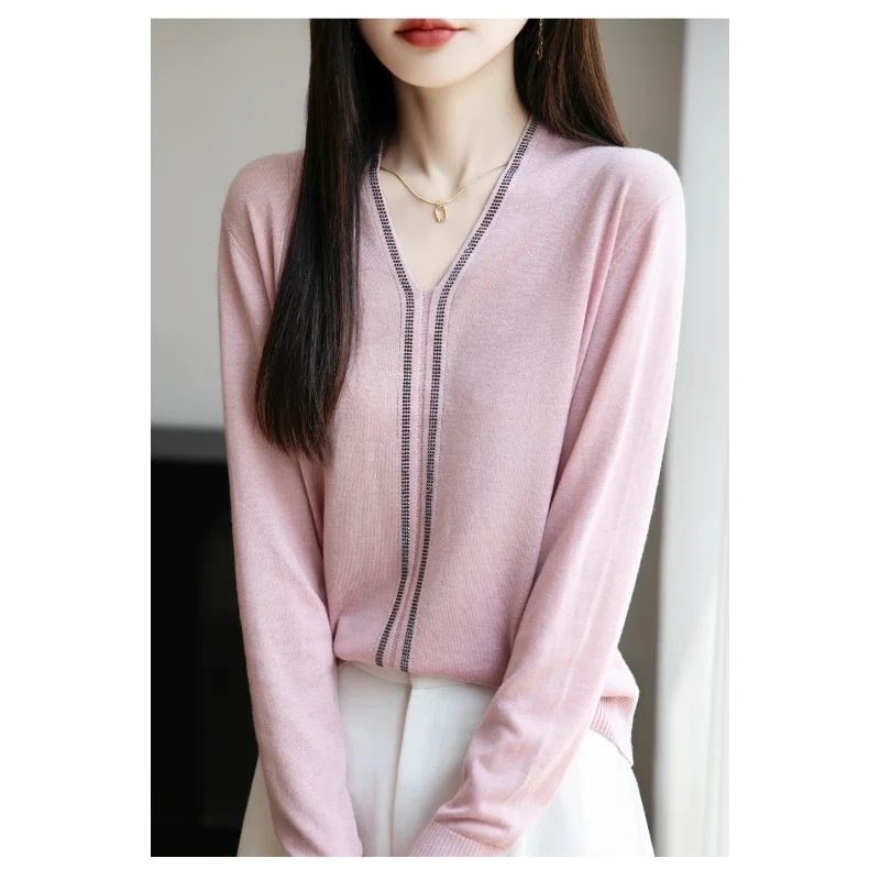 Maglione francese a maniche lunghe Hot Diamond per donna con scollo a V che tocca il fondo Nuovo stile straniero caldo