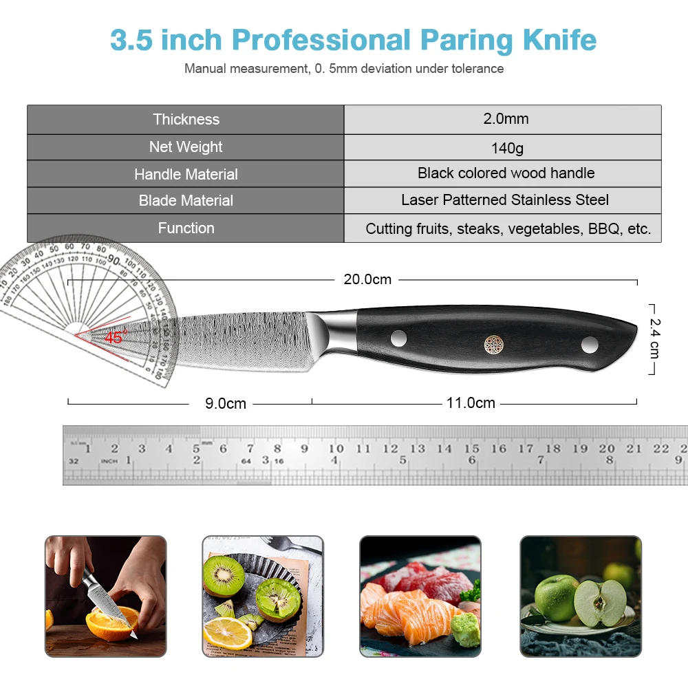 Paring Knife 3.5 Inch Stainless Steel Fruit Knife Hand Forged Japanese Peeling Knife Small Kitchen Knives Damascus Laser Pattern