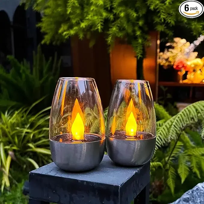 6 Pack Solar Flameless Candle Lights, Realistic Flickering Flame Effect, Glass Stainless Steel LED Tealight Lamp, Waterproof Auto On/Off, Outdoor Patio Yard Wedding Party Holiday Table Decor Lights