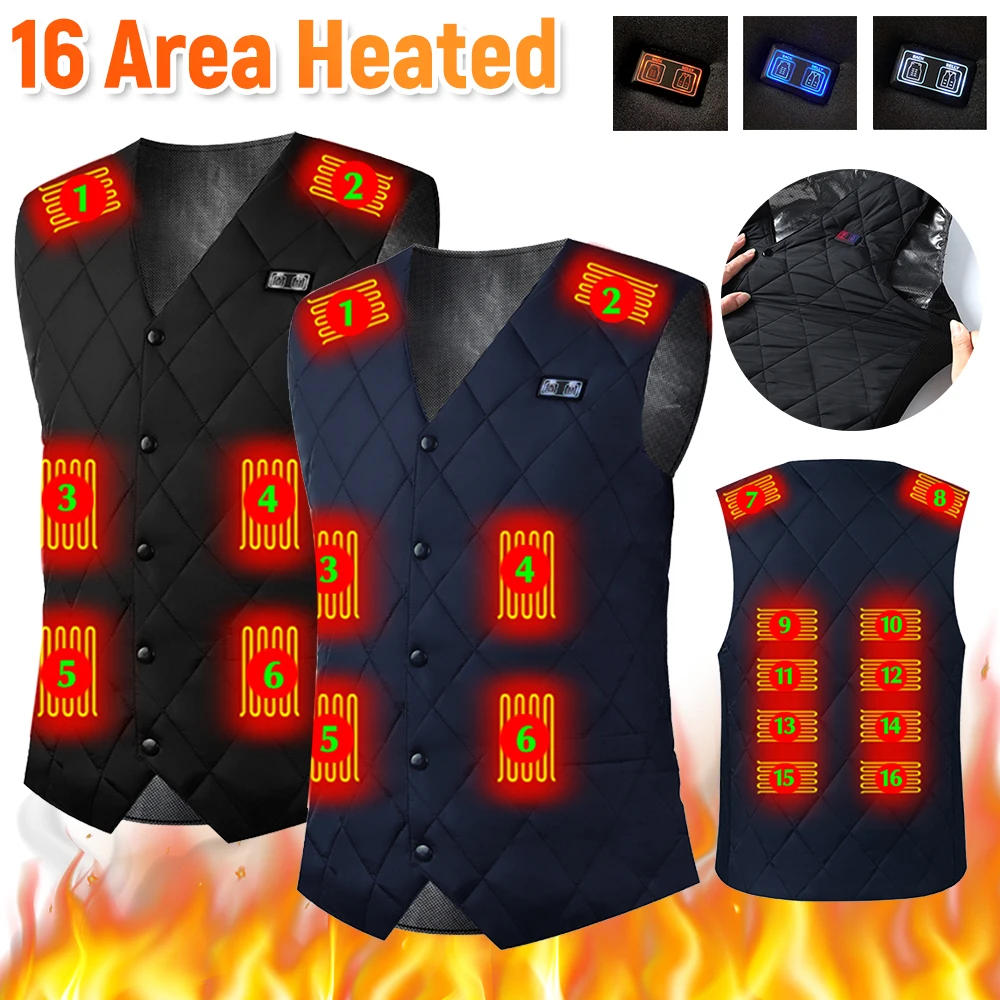 

16 Areas Heated Vest Men Women USB Heated Jacket Heating Vest Winter Electric Heated Vest Outdoor Sports Hiking Oversized M-6XL