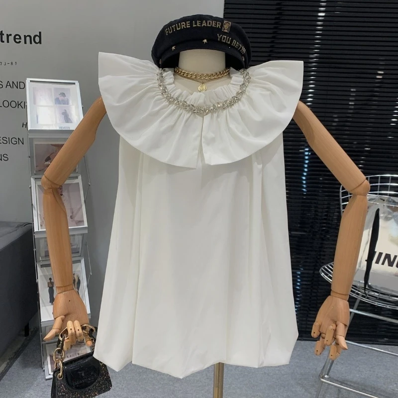 Robe de poupée de luxe à col Lotus clouté en diamant pour femme, mignonne, sans manches, ample, bourgeon, nouvelle collection été, robes courtes décontractées