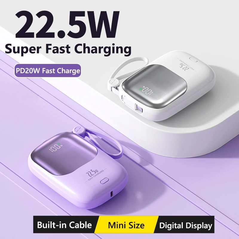 

22,5 Вт, 10000 мАч, 20000 мАч, внешний аккумулятор, встроенный кабель USB-C для iPhone 16, Samsung S25, Xiaomi Poco Powerbank, внешнее зарядное устройство