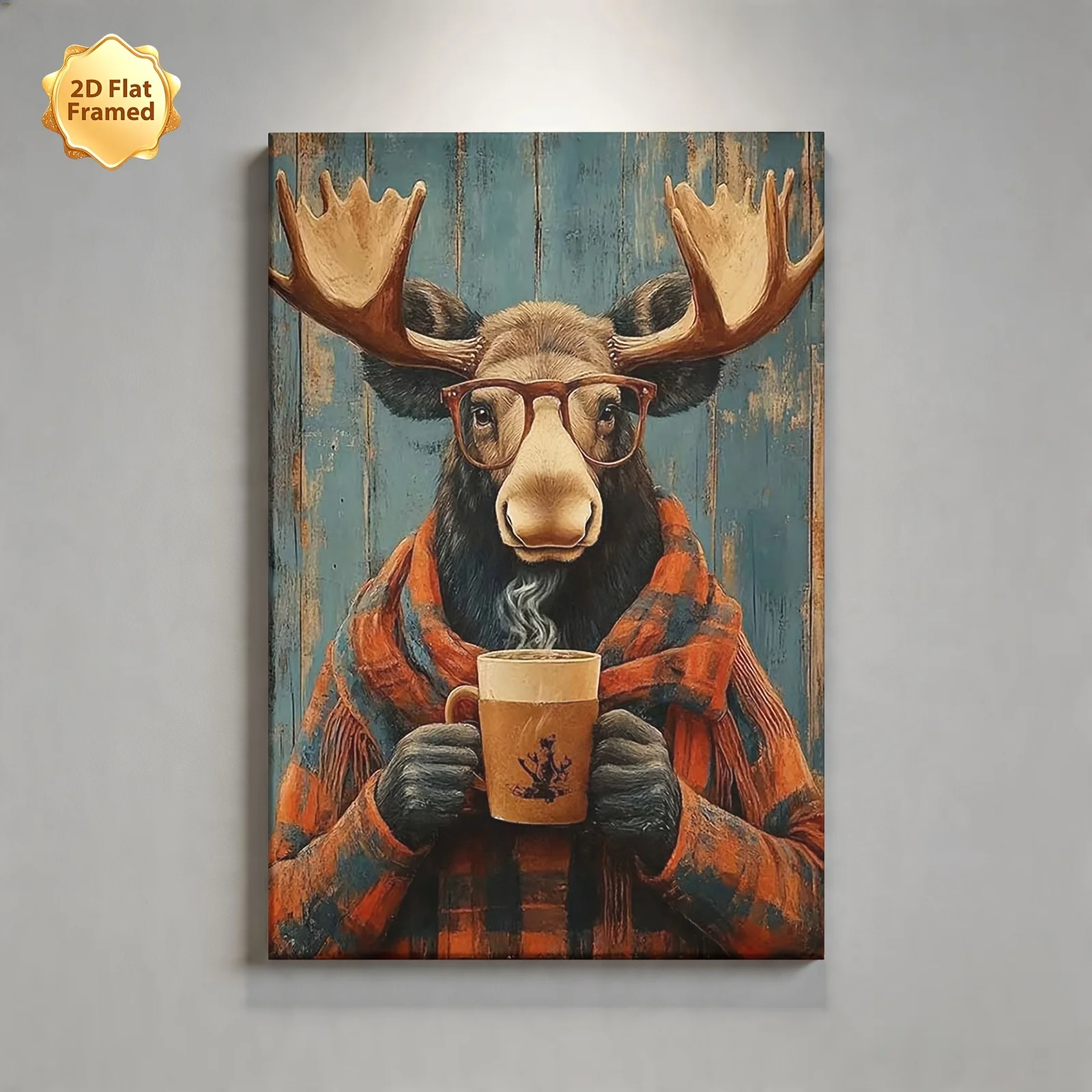 (No frame)2D Flat, 1pc, Framed 2D Flat Canvas Print, Stylish Moose with Glasses Holding Coffee Mug, Ideal for Decorating Livi
