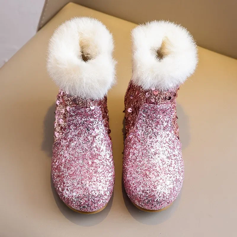 Girls Sequin Princess Ankle Boots, Winter Fleece Lined Dress Boots Fluffy Fur Trim Rhinestone Low Heel, Side Zipper Party Pink