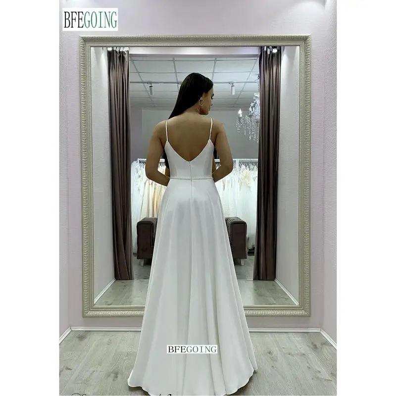 Marfim cetim macio beading belt querida a linha vestidos de casamento capela trem alças de espaguete vestidos de noiva