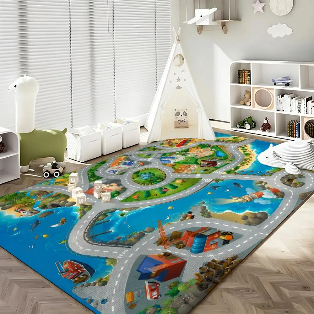Kids City Traffic Road Vehicle Play Map Design Floor Mat Soft Flannel Non Slip Absorbent Entryway Bathroom Bedroom Garage