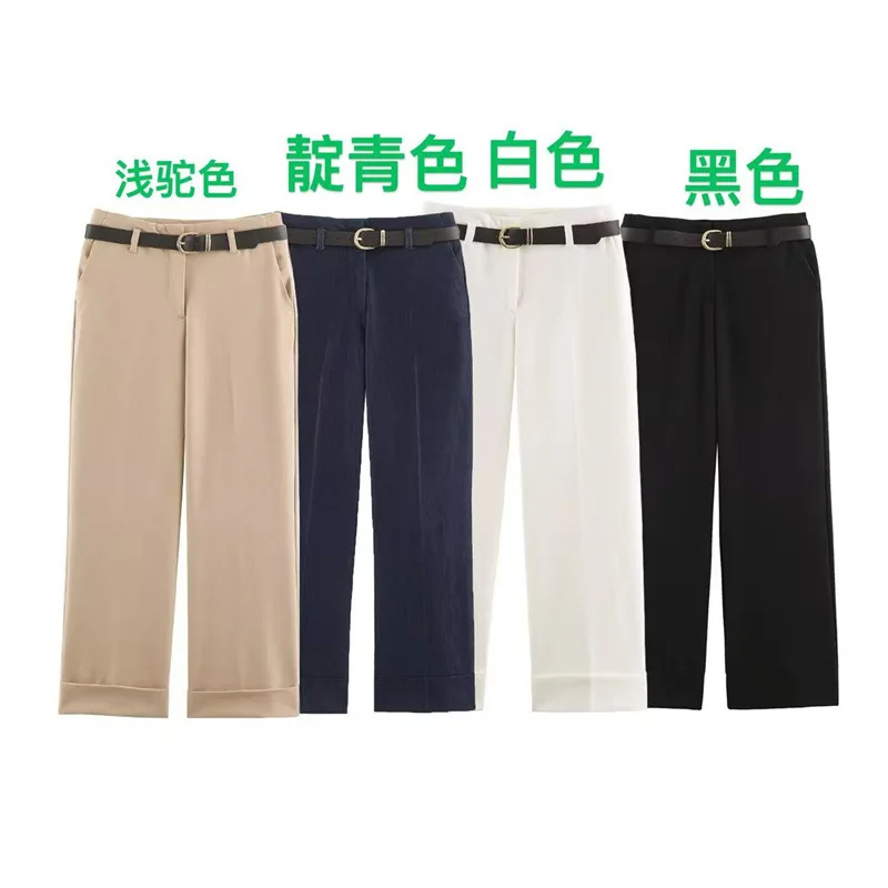 Women cuffed hems Wide Leg Pants High Waist Turn Up Cuff Hem With Metal Buckle Belt Elegant Commuter Casual Long Trousers