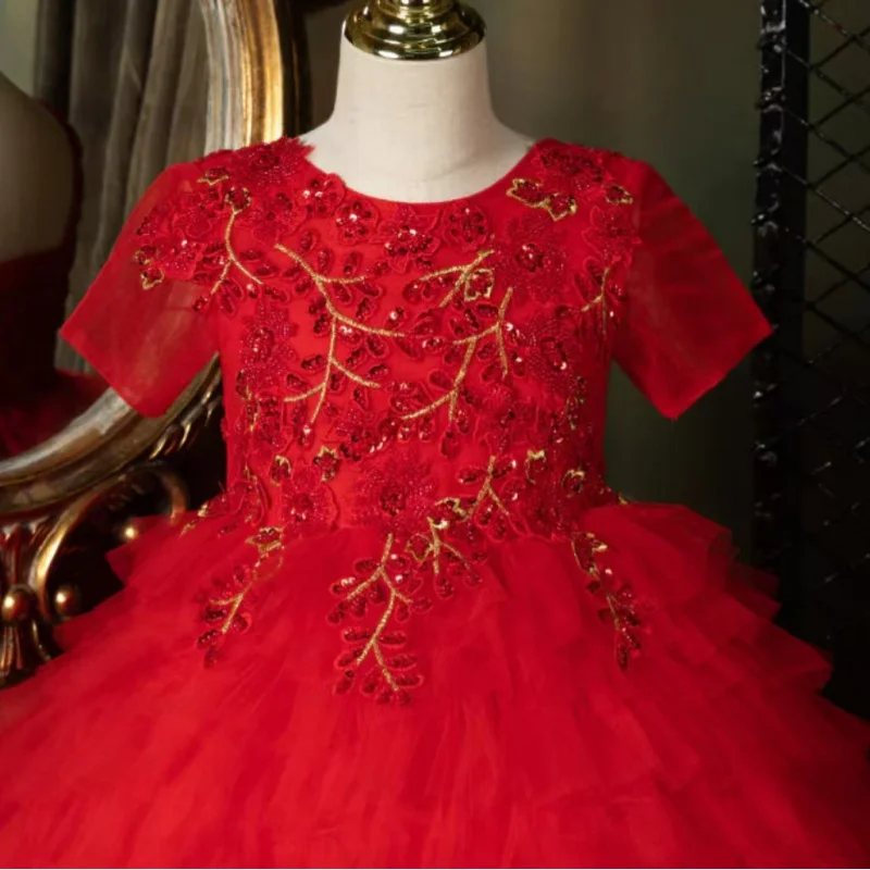 Red Children's Princess Dress with Small Train New Year Greeting Dress Little Host Stage Performance Dress Girls' Puffy Dress Wh
