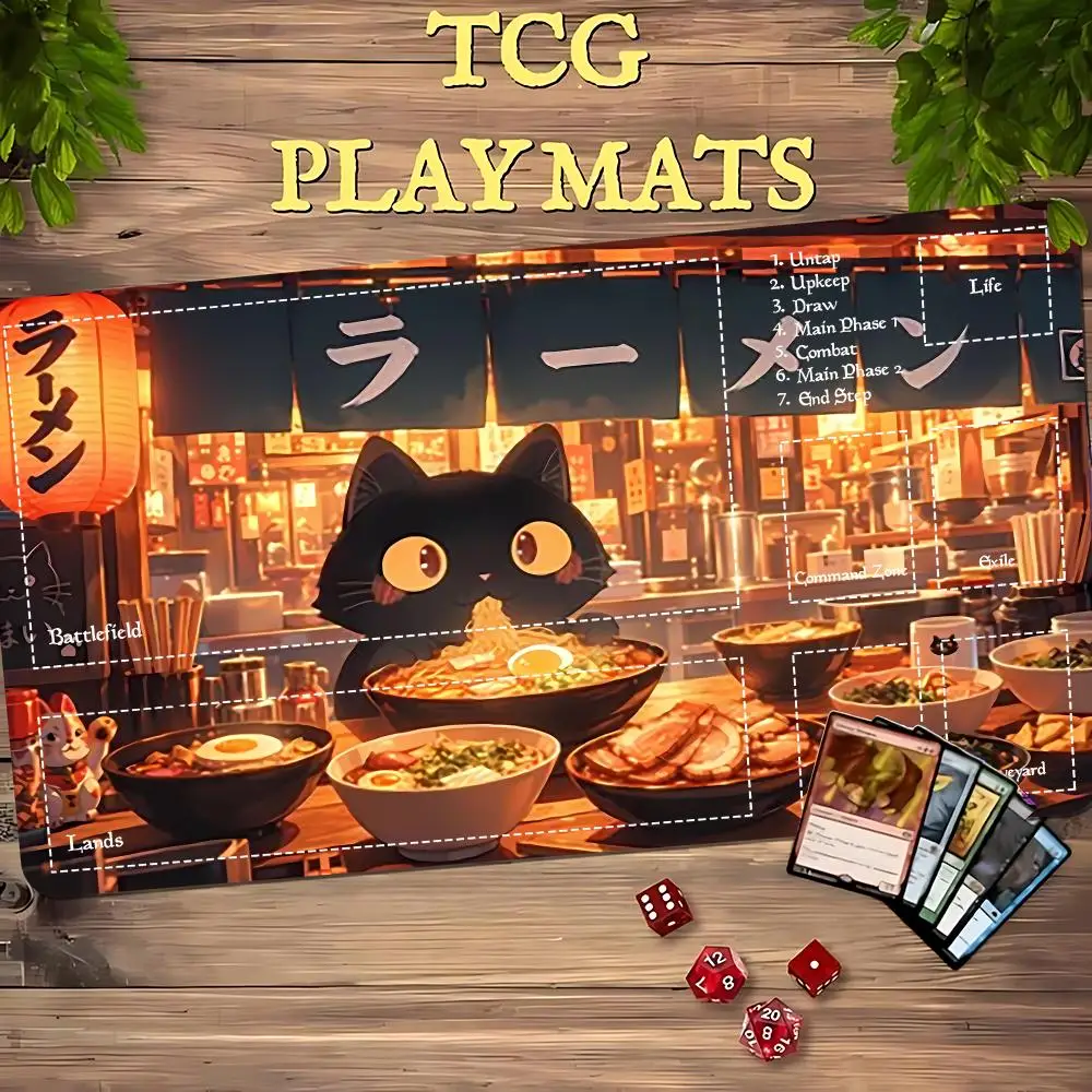 Ramen Shop Black Cat Mouse Pad Card Playmat Stitched with Magic Zones Game Mats Tabletop for MTG/TCG Gaming Mat