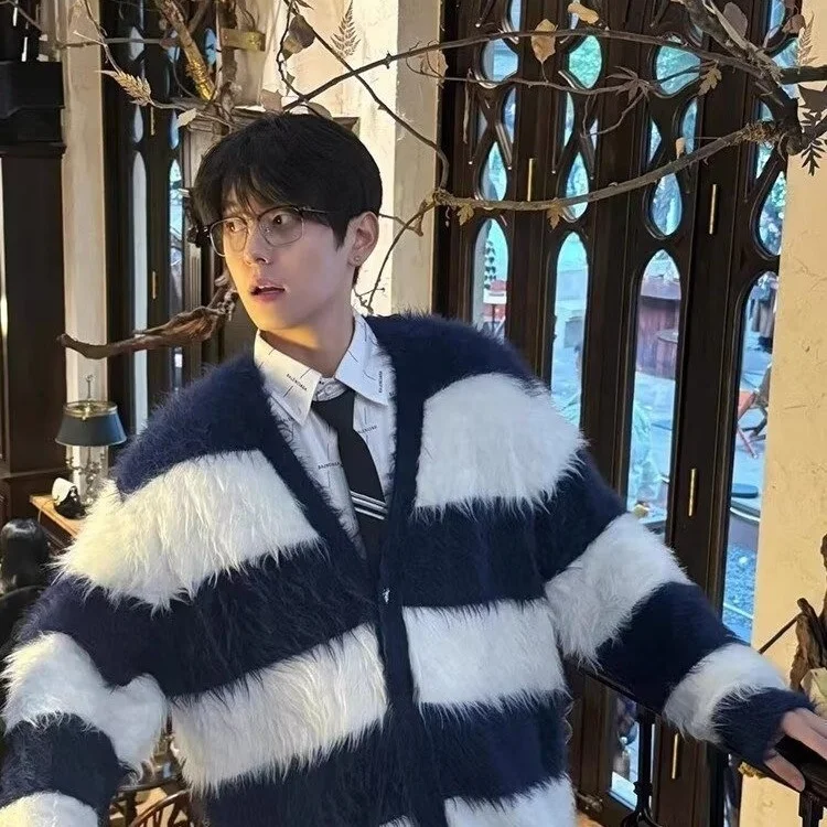 

Мужской вязаный свитер с V-образным вырезом, большой размер, 250 пу, в полоску, осенне-зимняя верхняя одежда, повседневный, длинный рукав, топ