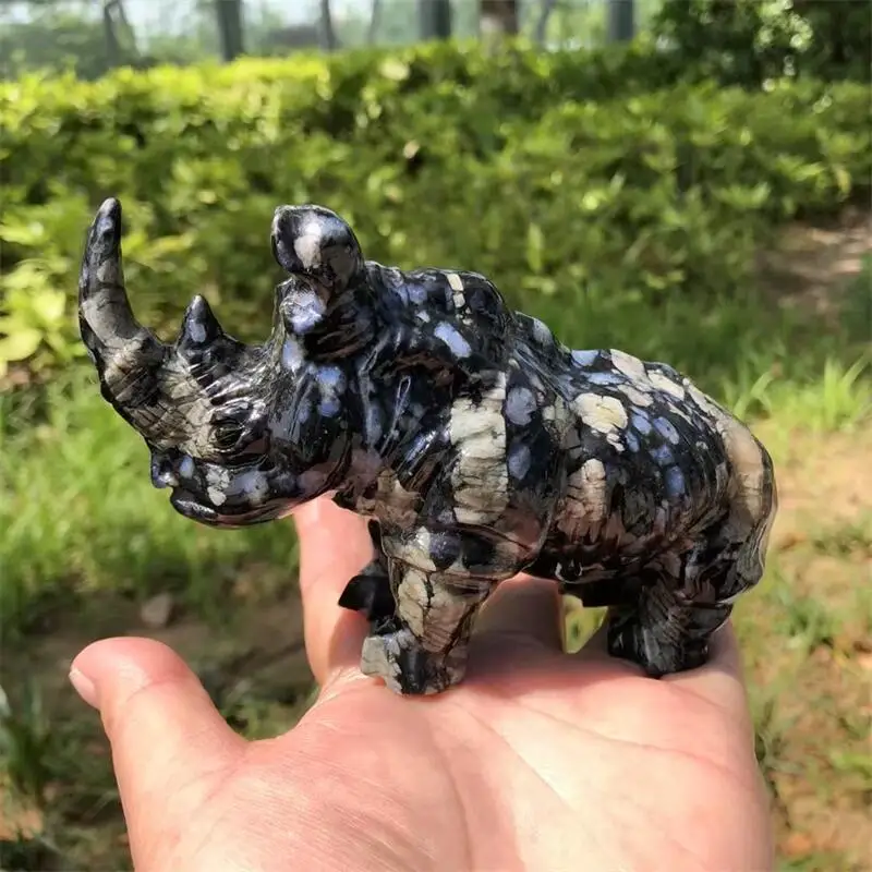 

14cm Natural Llanite Rhinoceros Carving Animal Handicraft Exorcism Ornament Gem Gift Decoration 1pcs