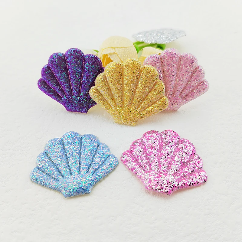 60Pcs 3.5*3CM Shiny Glitter Shell Padded  Appliques For Clothes Hat Sewing Supplies DIY Headwear Hair Clip Bow Decor Patches