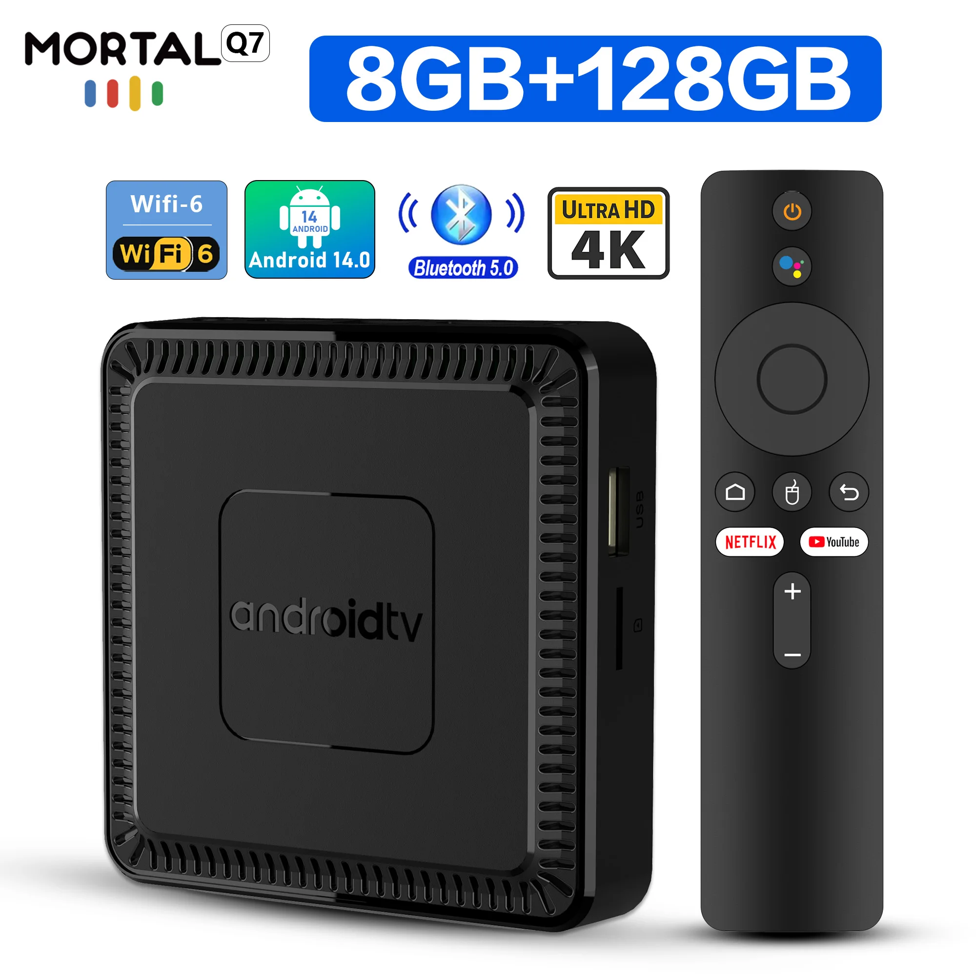 

TV BOX Android 14 Google Vocie 4K HDR 10 8G RAM 128G ROM Allwinner H313 Quad Core Dual WIFI 2.4G 5.8G Q7 Streaming Media Player