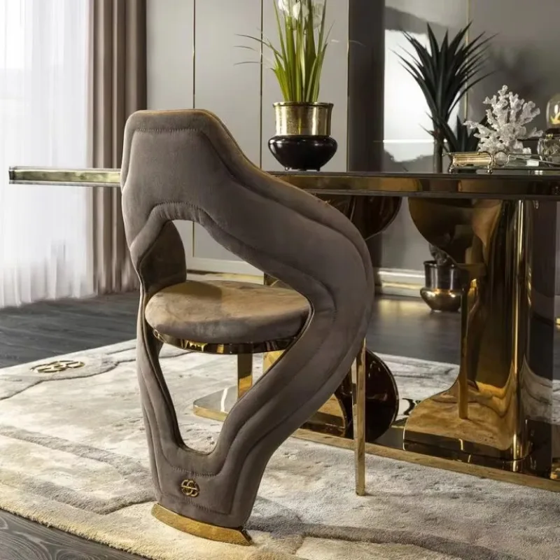 

Luxury gold dining chair Scandinavian Italian style modern lightweight luxury stainless steel leg leather villa meal