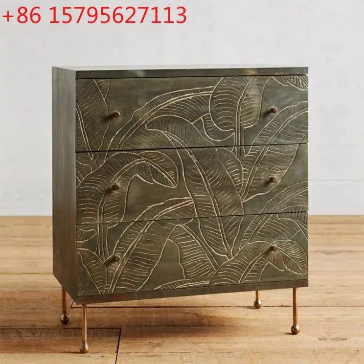 

Vintage carved chest cabinet French solid wood palm leaf storage cabinet bedside table