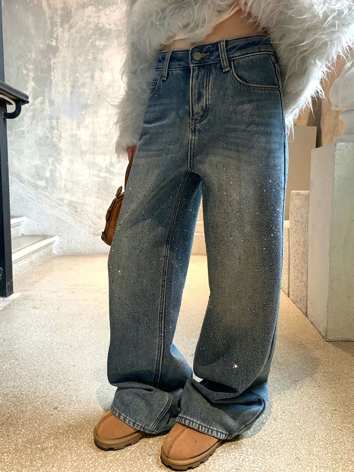 

Withmxboom ey Fce Lined Straight Leg Jeans Women Winter Loose Slimming Wide Leg Pants Commute Sle l Waist