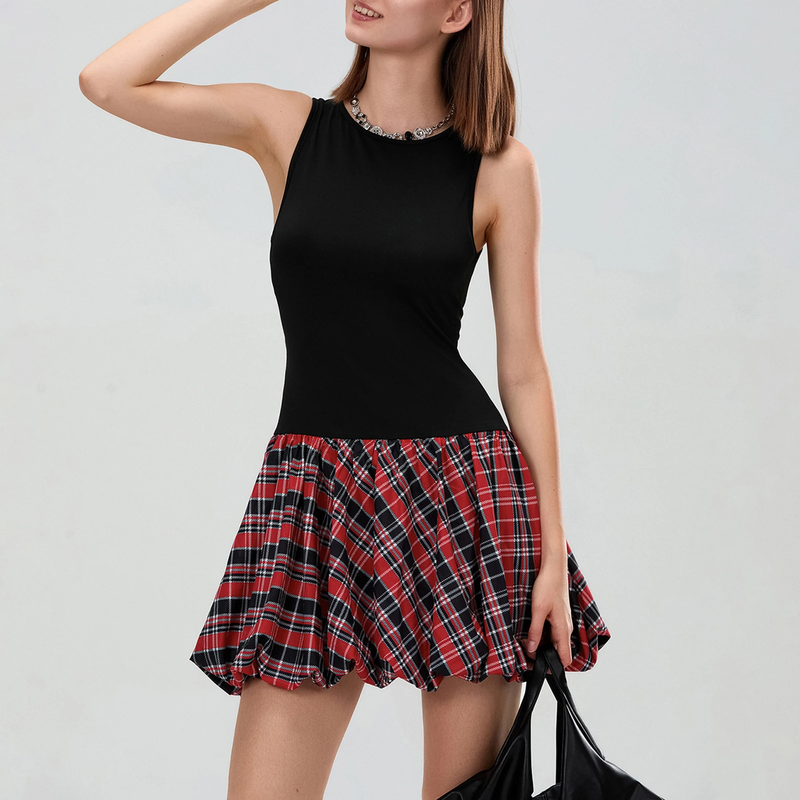 ผู้หญิงแขนกุดชุดลําลองฤดูร้อนลายสก๊อตพิมพ์ชุดมินิปาร์ตี้สําหรับ Beach Club Streetwear หญิง Vestido