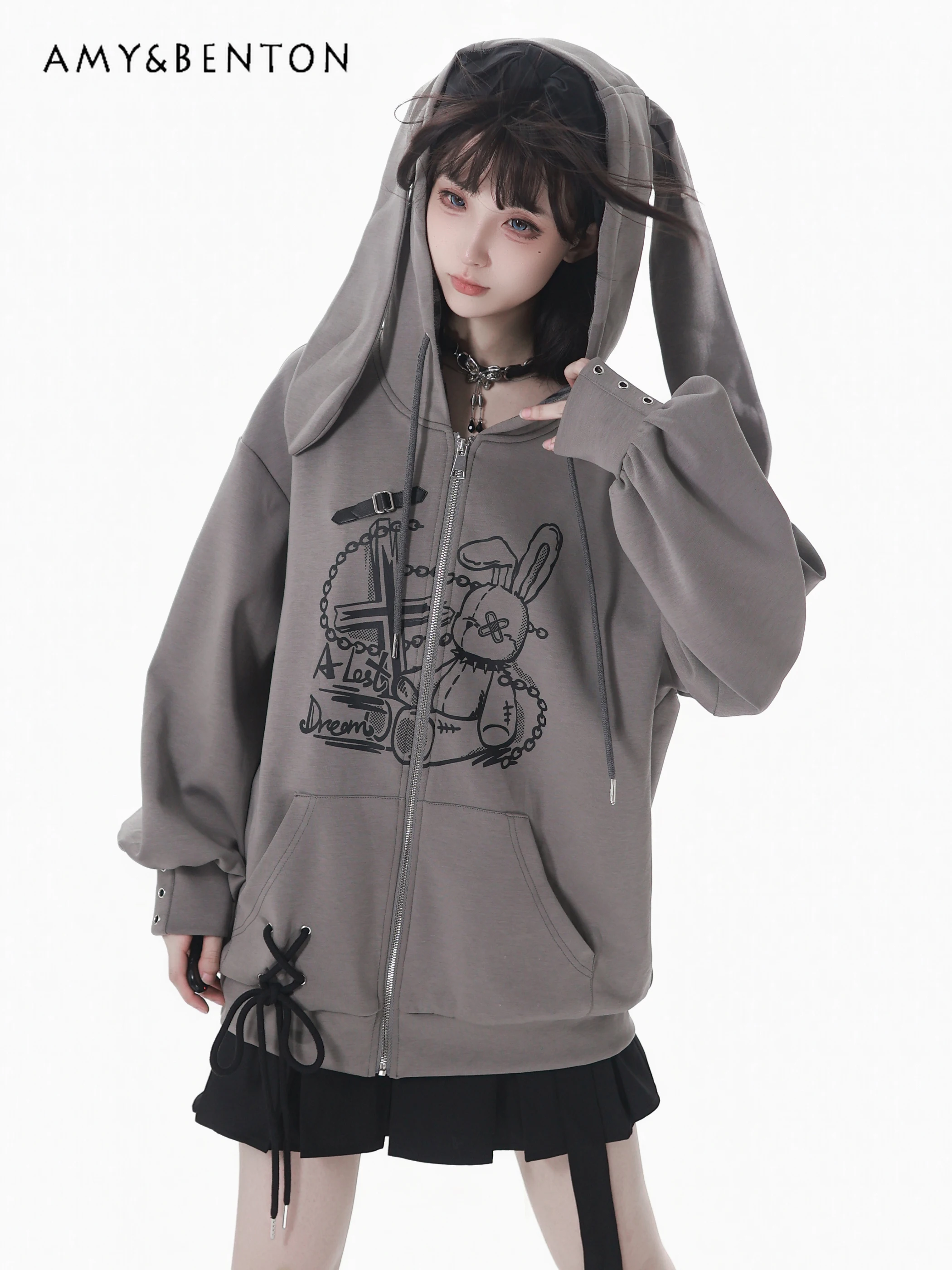 Pinksavior Original doux mignon imprimé lapin oreille Zip veste à capuche plissée jupe irrégulière automne hiver Harajuku Style tenues