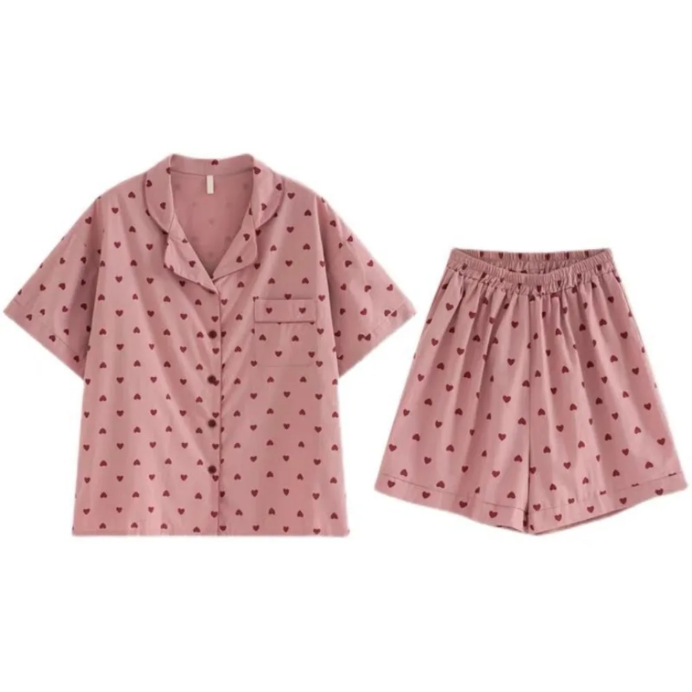 

Leopard Print Heart Pajama Suit Short Sleeve V Neck Shorts Camisole Nightwear Women Sleepwear Slim Fit Two Pieces Sleepwear Sets