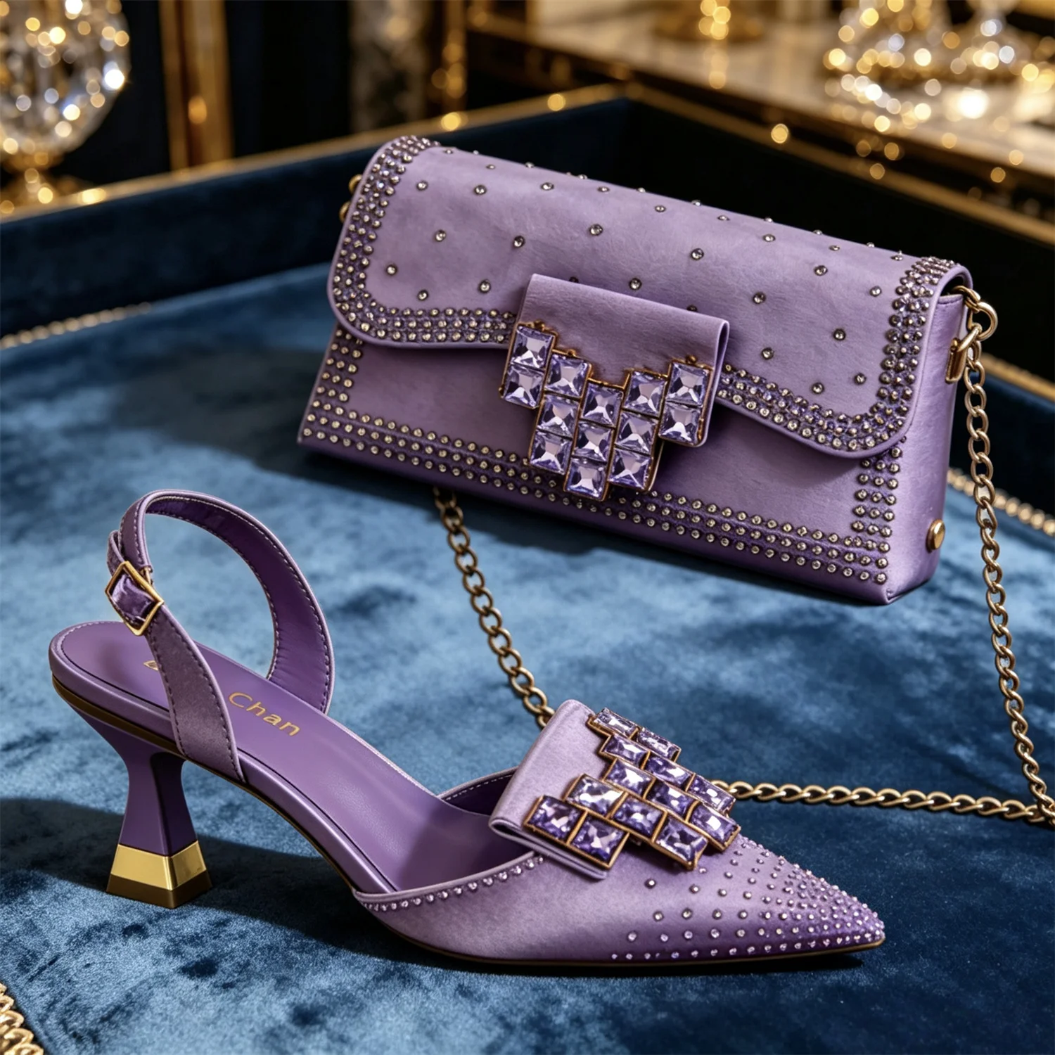 Elegant Women Rhinestone Pointed Toe Slingback Low Heel Party Wedding Shoes and Chain Bag Set Luxury Evening