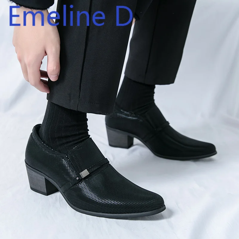 Sharp Pointed Business Leather Shoes Fashionable Personality Height Increasing Thick Heel British Casual Men's Trendy Shoes